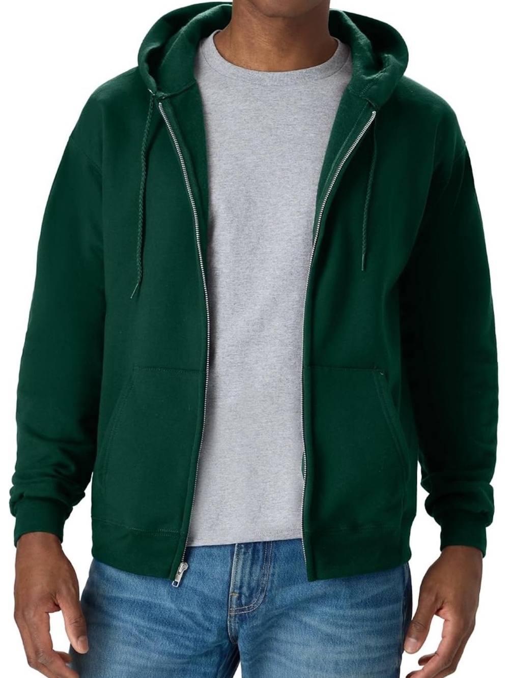Men's Hanes Forest Green Zip-Up Hoodie Sweater size Large